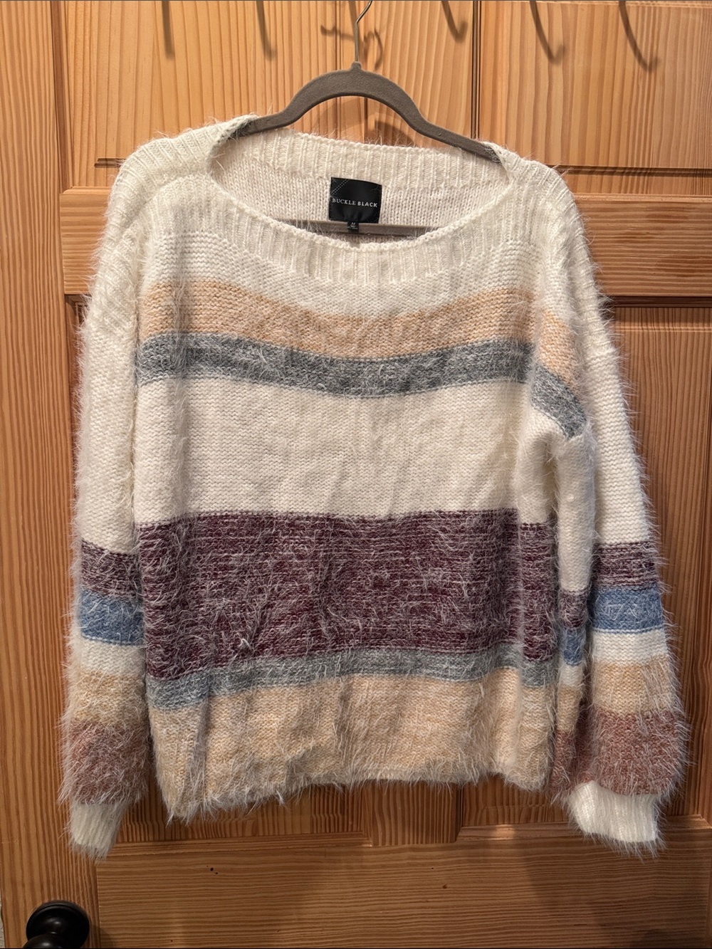 Buckle Cream Fuzzy Crewneck Sweater with Multicolor Stripes